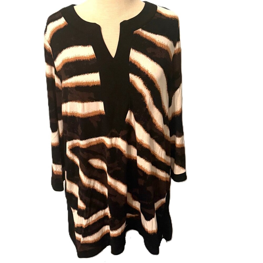 Chicos 3 XL 16/18 Black/White/Brown Striped Animal Print Knit Tunic Travelers